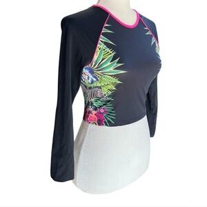 Victoria's Secret black/hot pink 3/4 long sleeve rash guard with tropical print